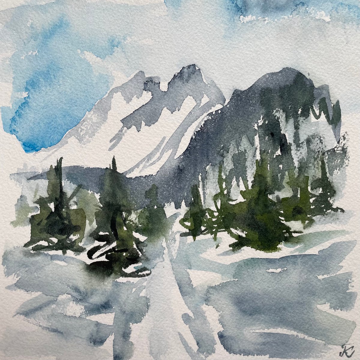 Original watercolor mountain landscape in newest handmade France