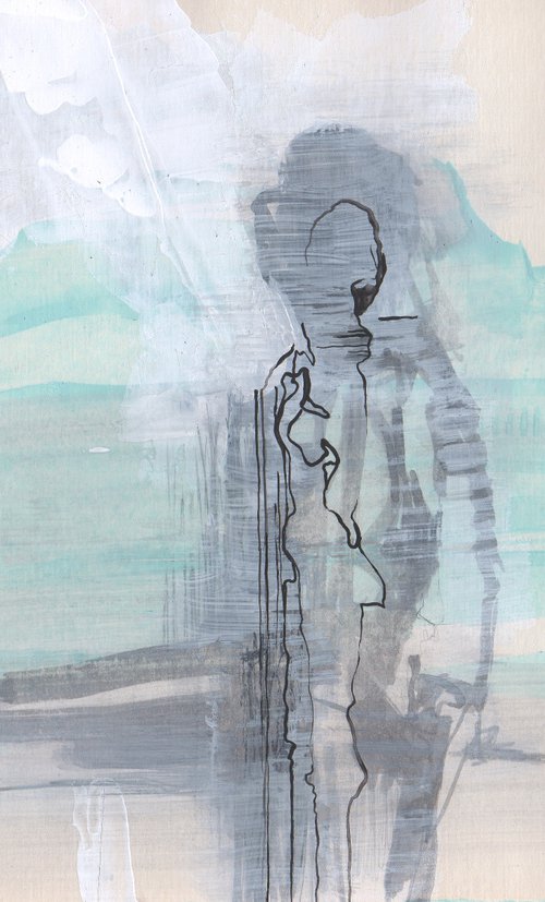 shadow man figurative paper drawing in light blue by Olga Chertova