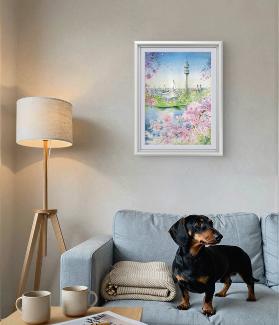 Spring cherry blooming in Munich Olympiapark