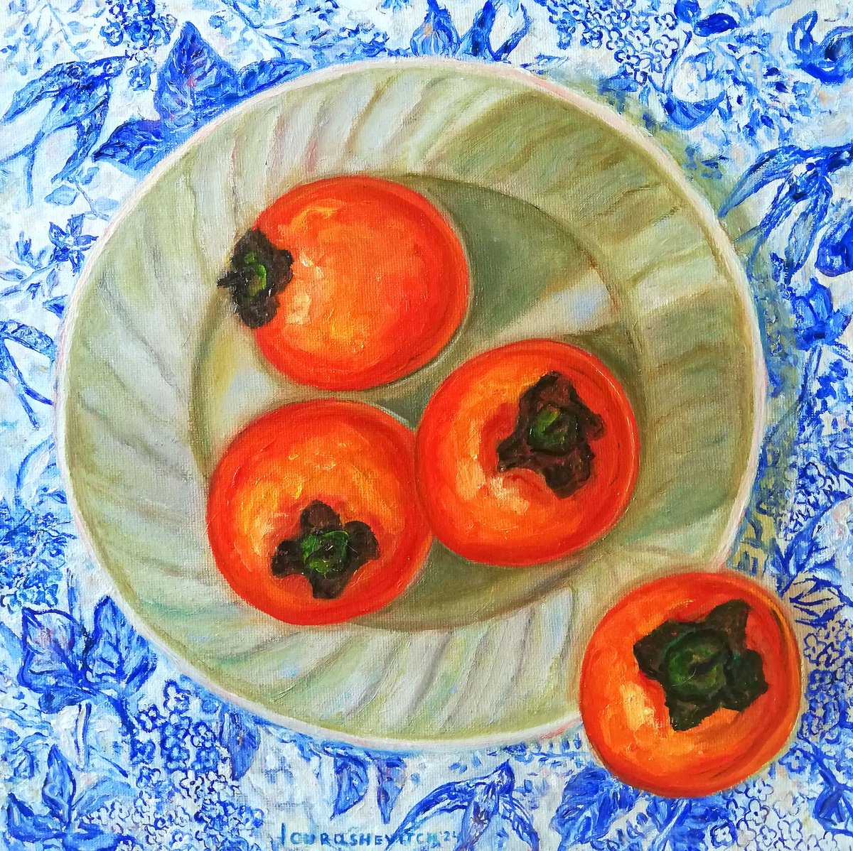 Plated Persimmons on Table by Katia Ricci