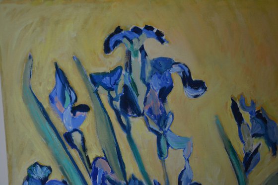 Irises on the yellow background inspired by Vincent Van Gogh