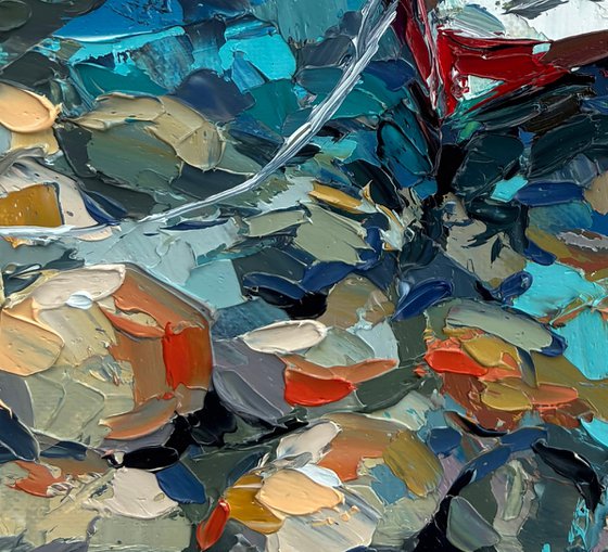 "Boat by the Shore" seascape painting