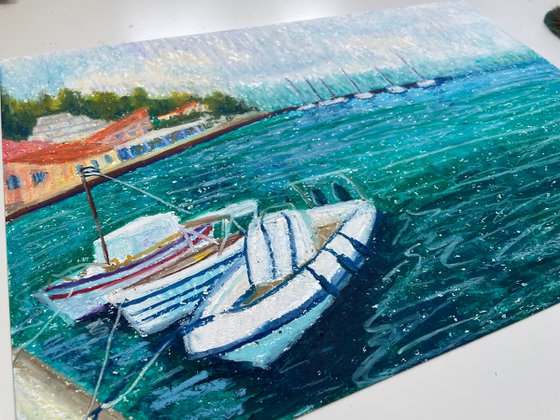 Sea Original Painting, Boats Oil Pastel Drawing, Greece Seascape Art, Blue Home Decor