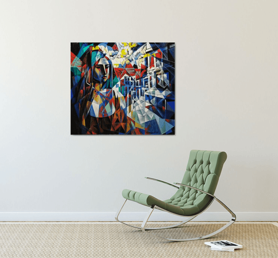 Waiting (90x80cm, cubism, oil painting, ready to hang)