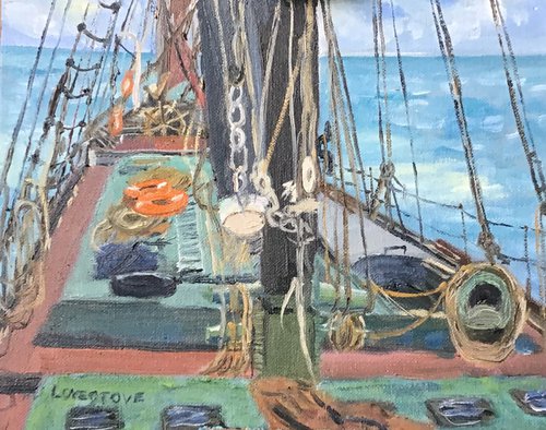 On the deck, an original oil painting. by Julian Lovegrove Art