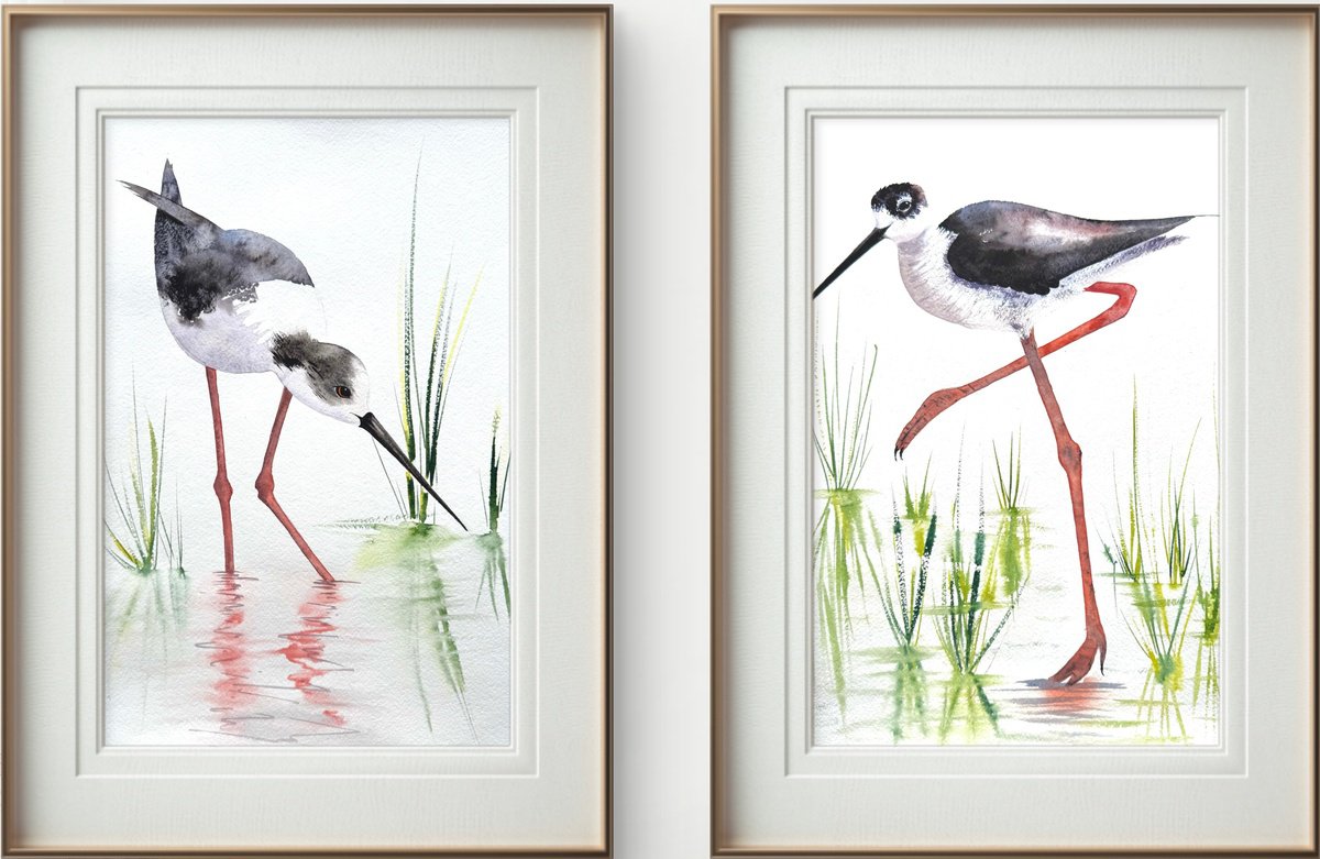 Expressive Animal Watercolour By Yuliia Sharapova, 35 X 24", A Pair Of Black-Necked Stilt, Original Artwork
