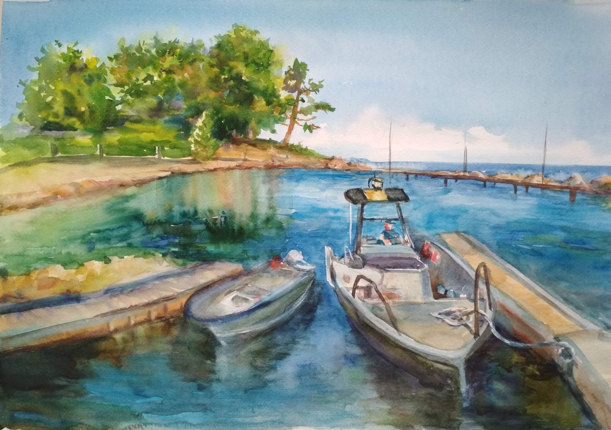 Impressionistic Landscape Watercolour By Ann Krasikova, 20 X 14, Yachts Rest, Original Artwork