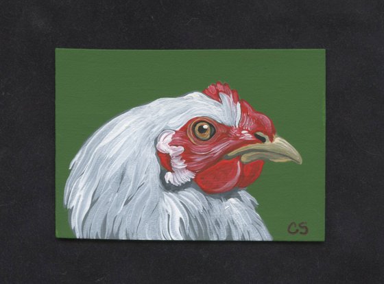 ACEO ATC Original Miniature Painting White  Chicken Farmyard Art-Carla Smale