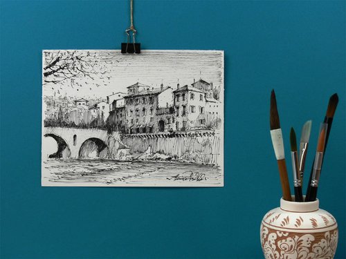 Verona, Ponte Pietra, artistic ink pen drawing. by Marin Victor