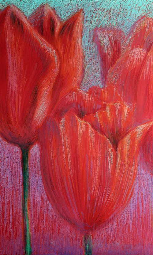 Red Tulips on Red by Rakhmet Redzhepov