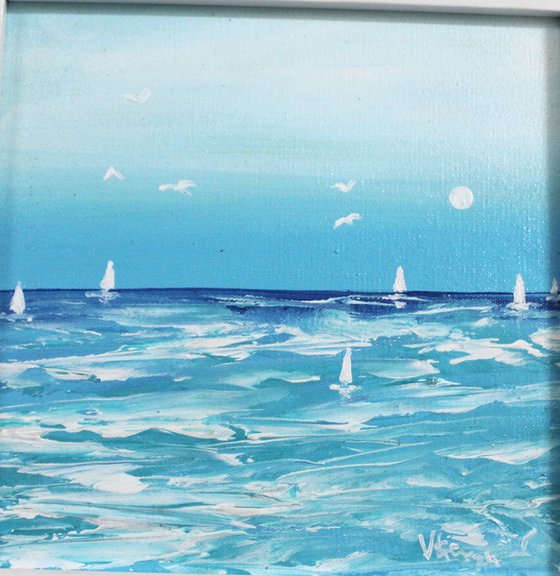 Seaside View (with sails) - acrylic painting with a frame