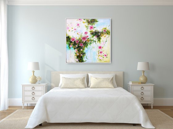 Trailing Roses Large Abstract Flower Painting 100x100cm 39x39" Modern Flower Painting Bedroom Decor Hotel Decor Pink and Greens Bright Artwork