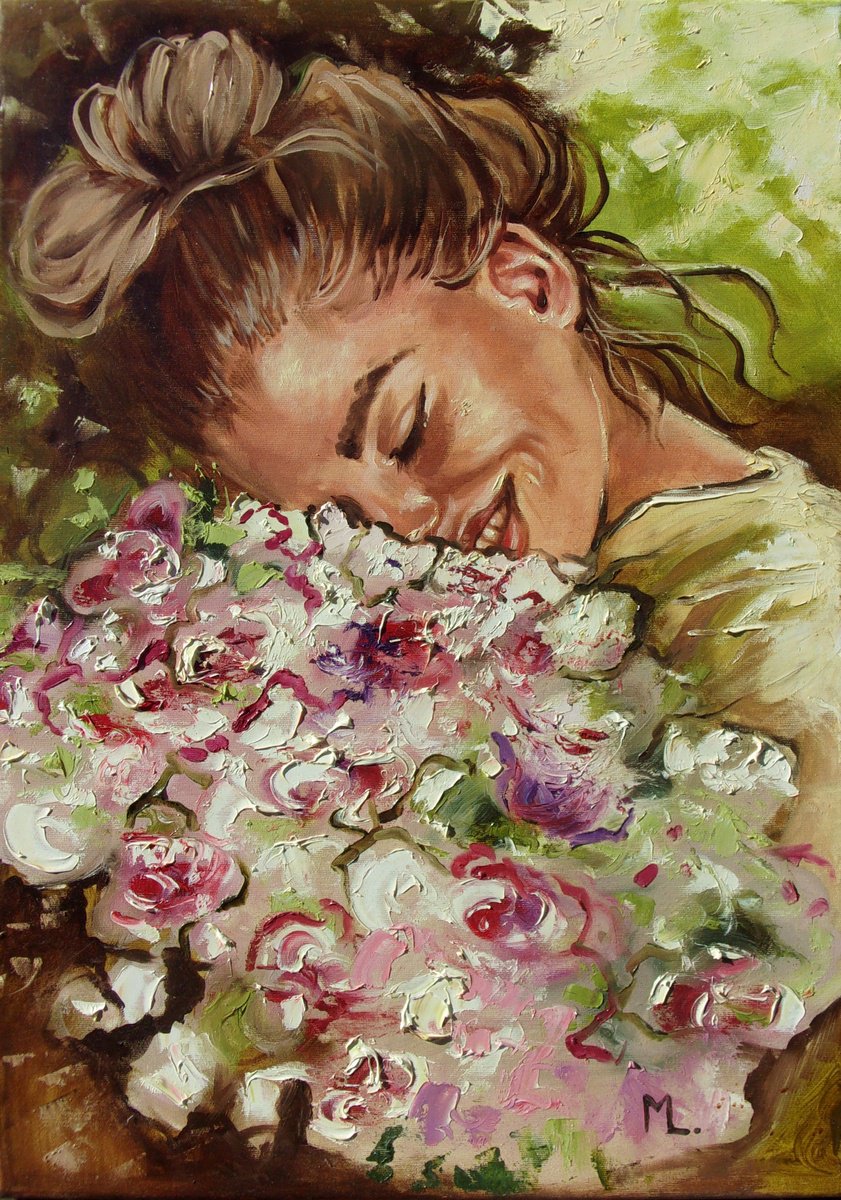 Impressionistic Portrait Oil Painting By Monika Luniak, 20 X 28", " Girl With A Beautiful Bouquet Of Flowers ", Original Artwork