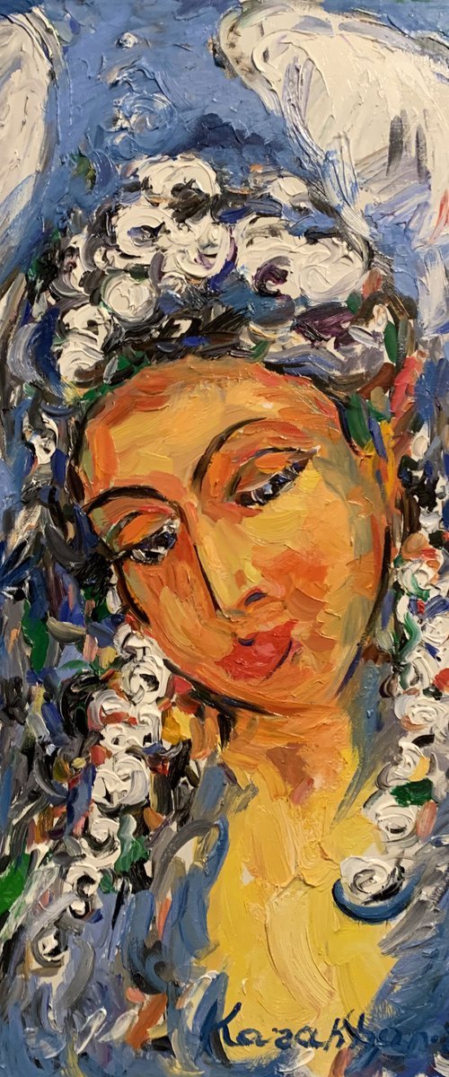 ANGEL - female portrait, face, snow winter theme, original oil painting 70x50 by Karakhan