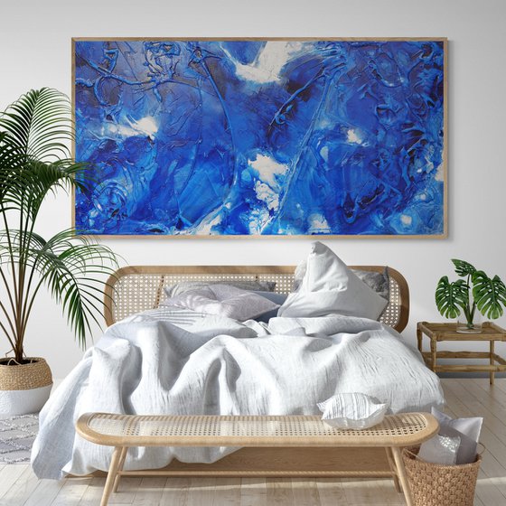 Sapphire Wash 190cm x 100cm Blue Ink Textured Abstract Art