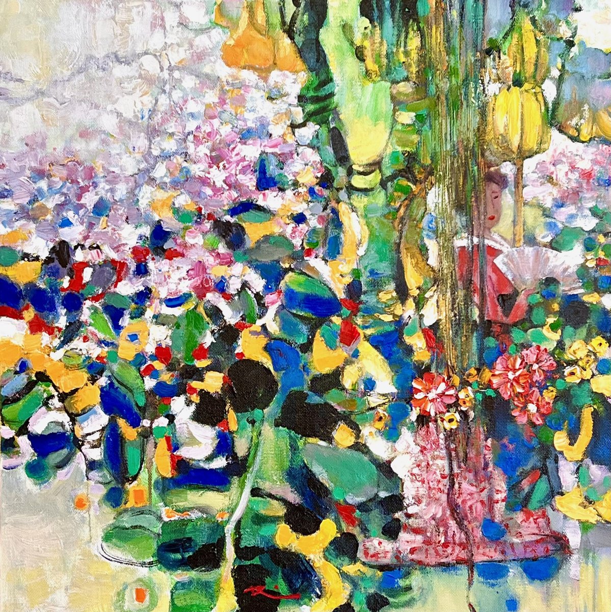 Abstract Botanical Oil Painting By Dong Lin Zhang, 25 X 25, Summer Day, Original Artwork