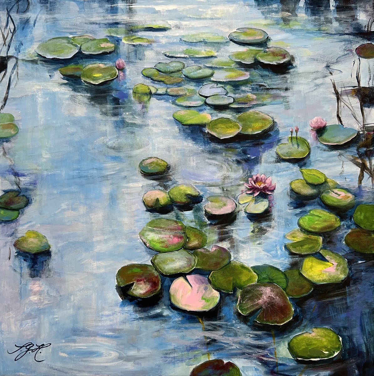 Impressionistic Botanical Acrylic Painting By Sandra Gebhardt-Hoepfner, 20 X 20", Sunshine On The Pond 3, Original Artwork