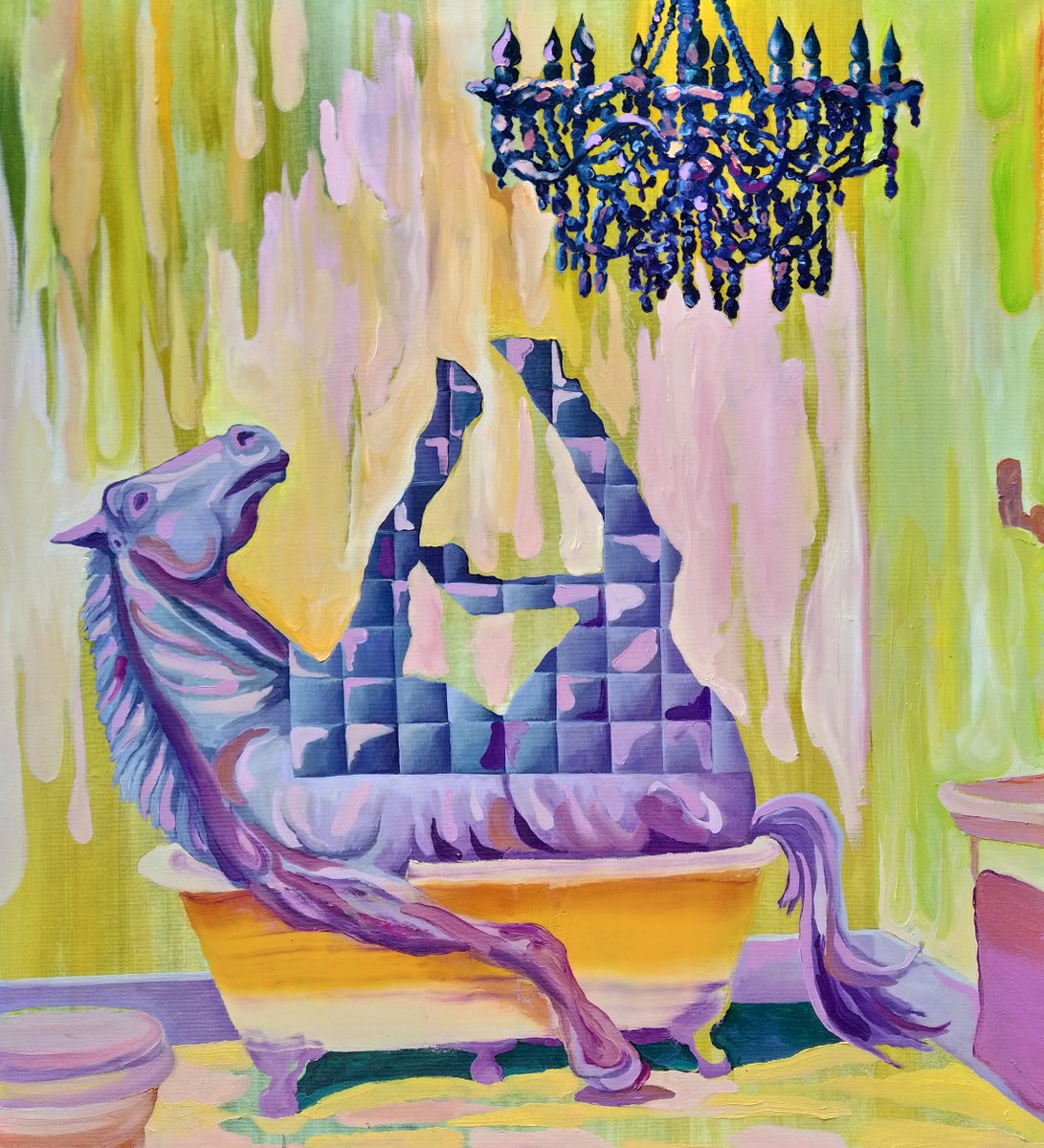 Surrealistic Animal Oil Painting By Dominic Virtosu, 39 X 43, Warm Bath, Original Artwork