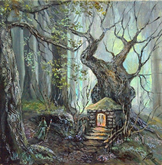 Elf house in a fantasy forest. Oil painting