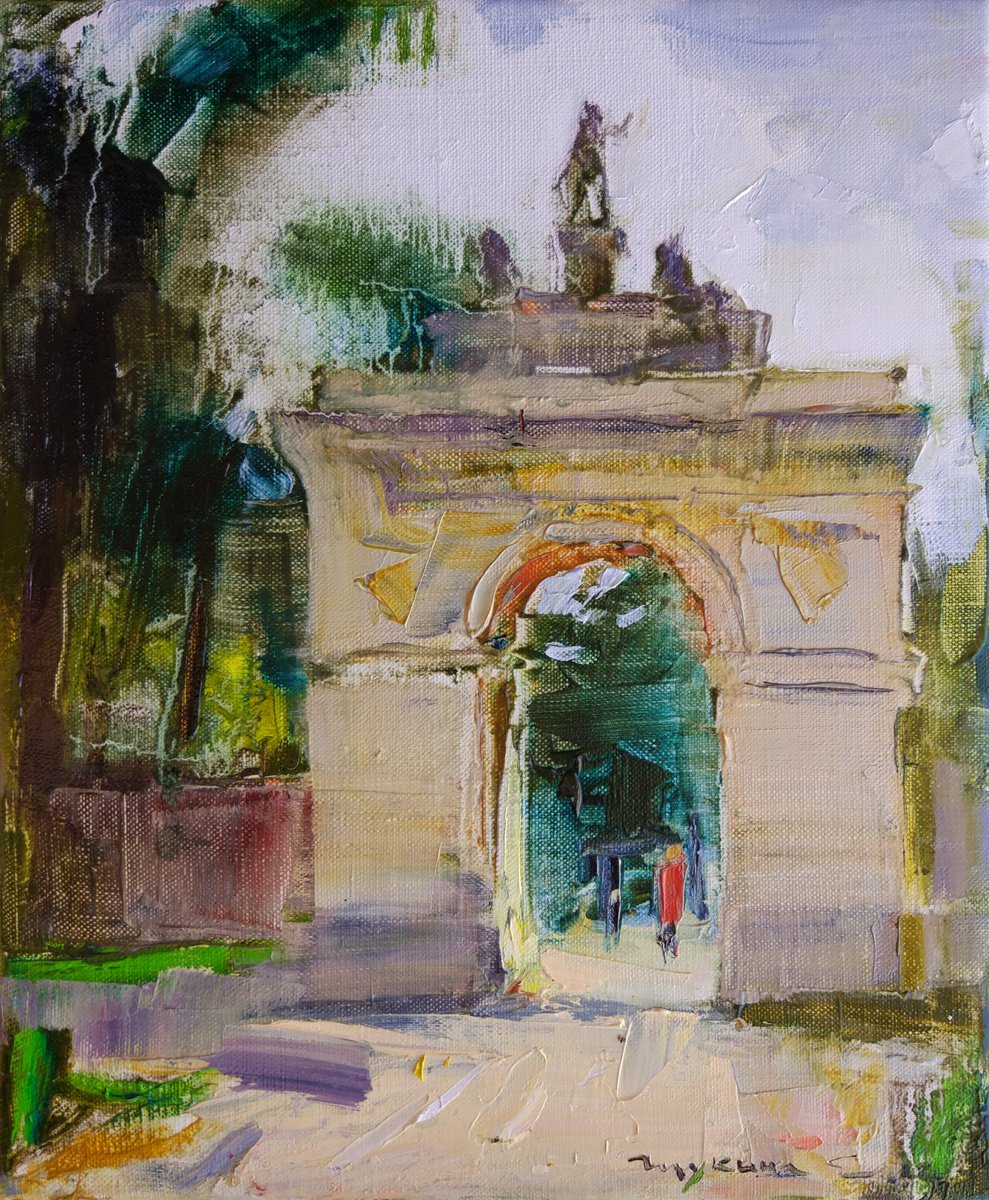 Roman Holiday Series. Arch in Borghese Park . Original plein air oil painting . by Helen Shukina
