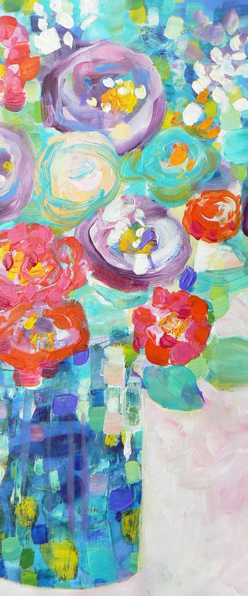 Blue vase of flowers by Carolynne Coulson