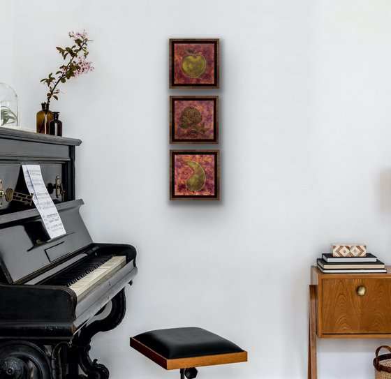 Triptych of small oil paintings with apple, artichoke and pear