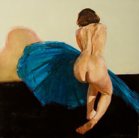 nude woman with blue on white