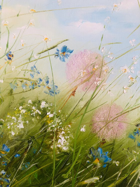 AERIAL WILDFLOWERS - Dandelions. Wildflowers. Wind. Field. A picture of joy. Pink flowers. Meadow. Land. Blue sky. The clouds. Summer.