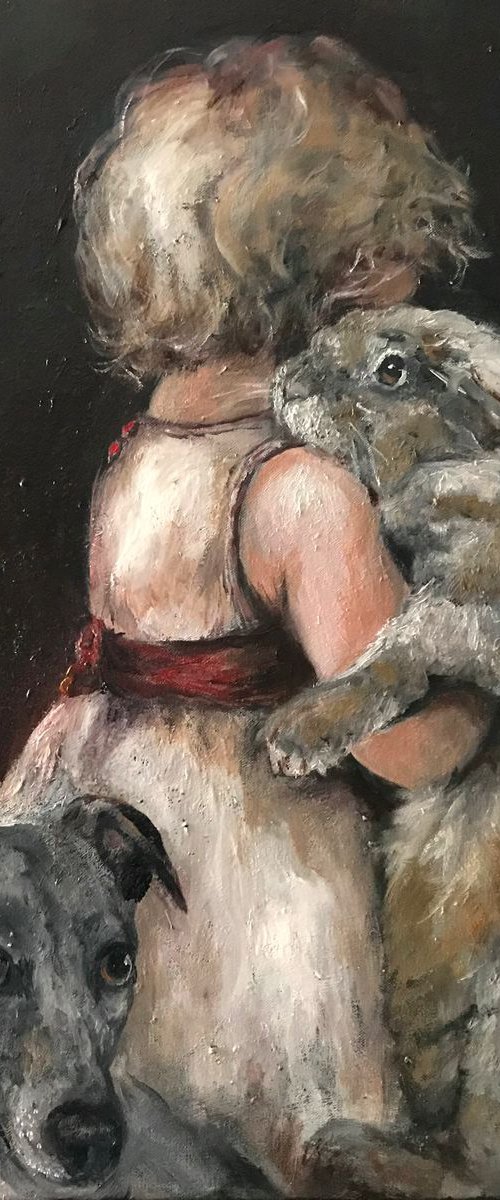 Little Girl with Rabbit and Italian Greyhound by J Alexandra  Connor