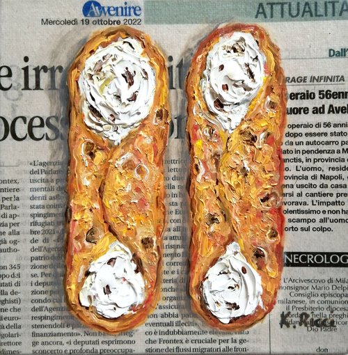 "Cannoli on Newspaper" Original Oil on Canvas Board Painting 6 by 6"(15x15cm) by Katia Ricci