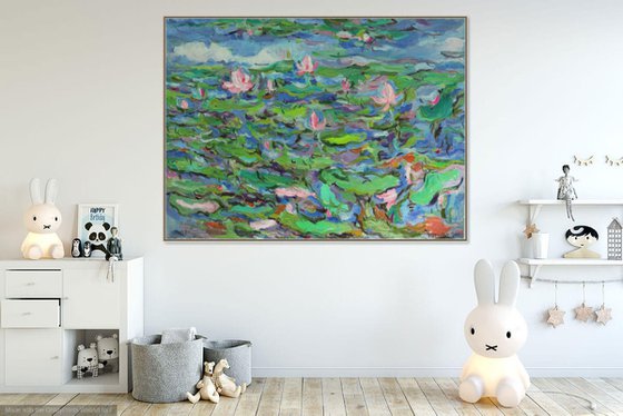 PINK LOTUS - floral landscape, original oil painting, waterscape, water lily pond, waterlilies, large size 146x196 cm