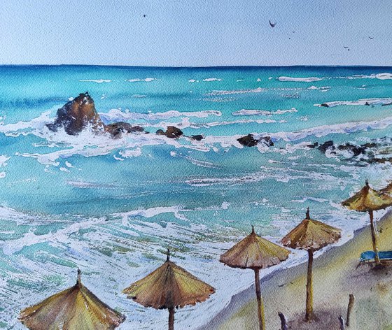 Greece paradise watercolor painting (2022) | Original Hand-painted Art Small Artist | Mediterranean Europe Impressionistic