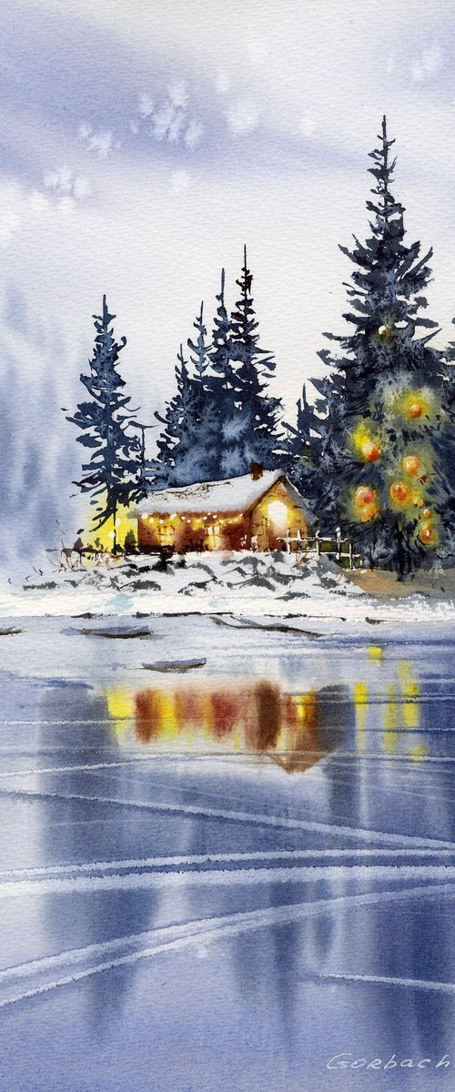 House in the night on the shore of the lake by Eugenia Gorbacheva