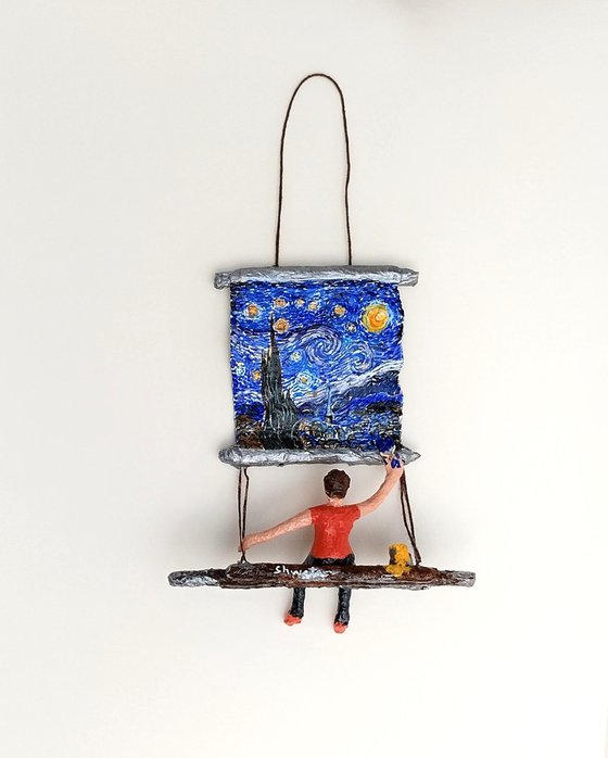 Figure painting The Starry Night - one of kind paper sculpture