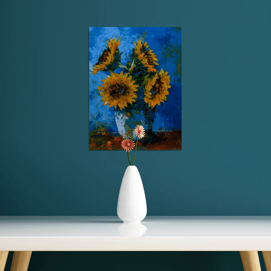 Sunflowers still life painting. Sunflowers in vase