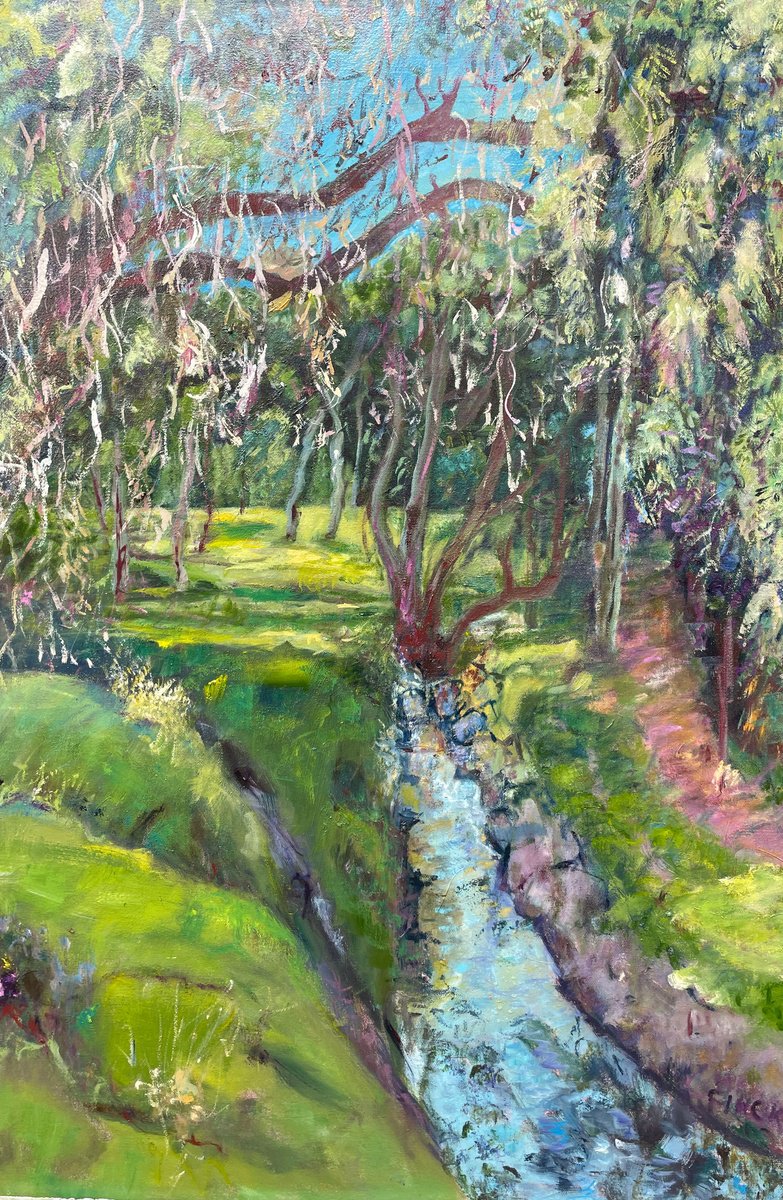 Impressionistic Landscape Oil Painting By Maureen Finck, 24 X 36", Torrens River From The Bridge, Original Artwork