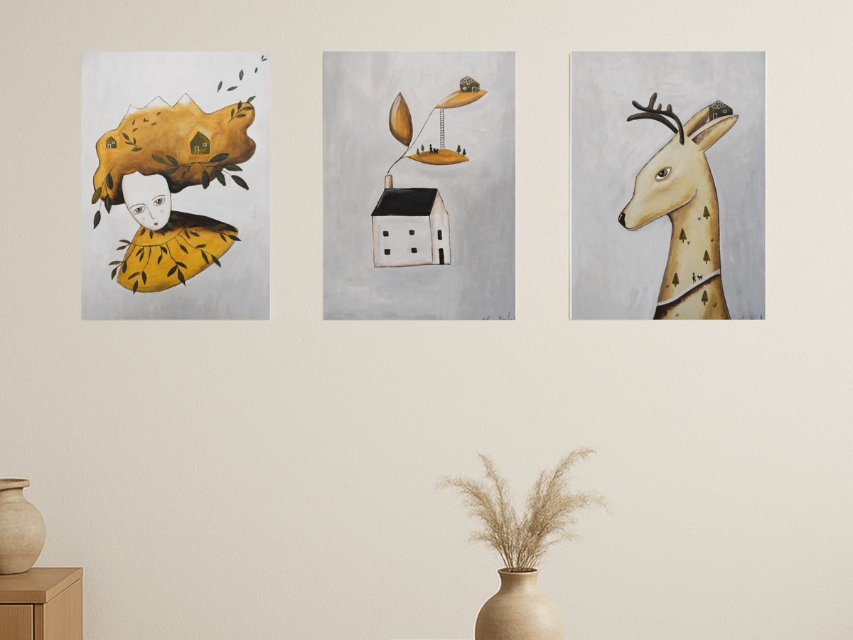 Illustrative Portrait Oil Painting By Silvia Beneforti, 25 X 12", Thinking About Home, Set Of 3, Original Artwork