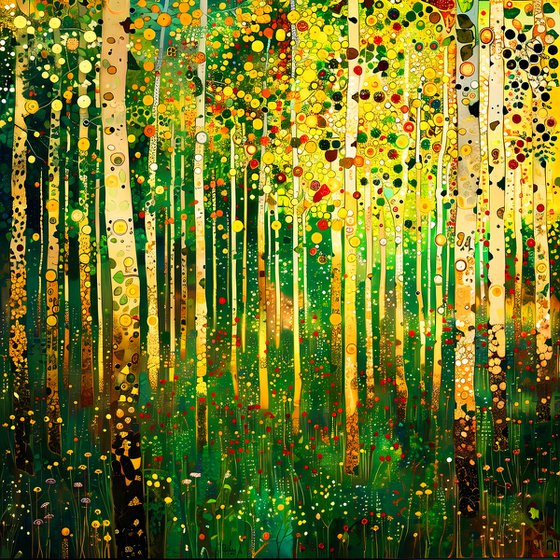 Abstract green forest, yellow red flowers with light reflections and bright sunbeams in Klimt style. Positive colorful wall art for home decor