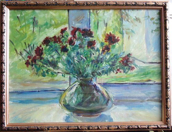 Red chrysanthemums in a pot-bellied vase on a window on a sunny day. Oil on canvas on cardboard. 40 x 30 cm
