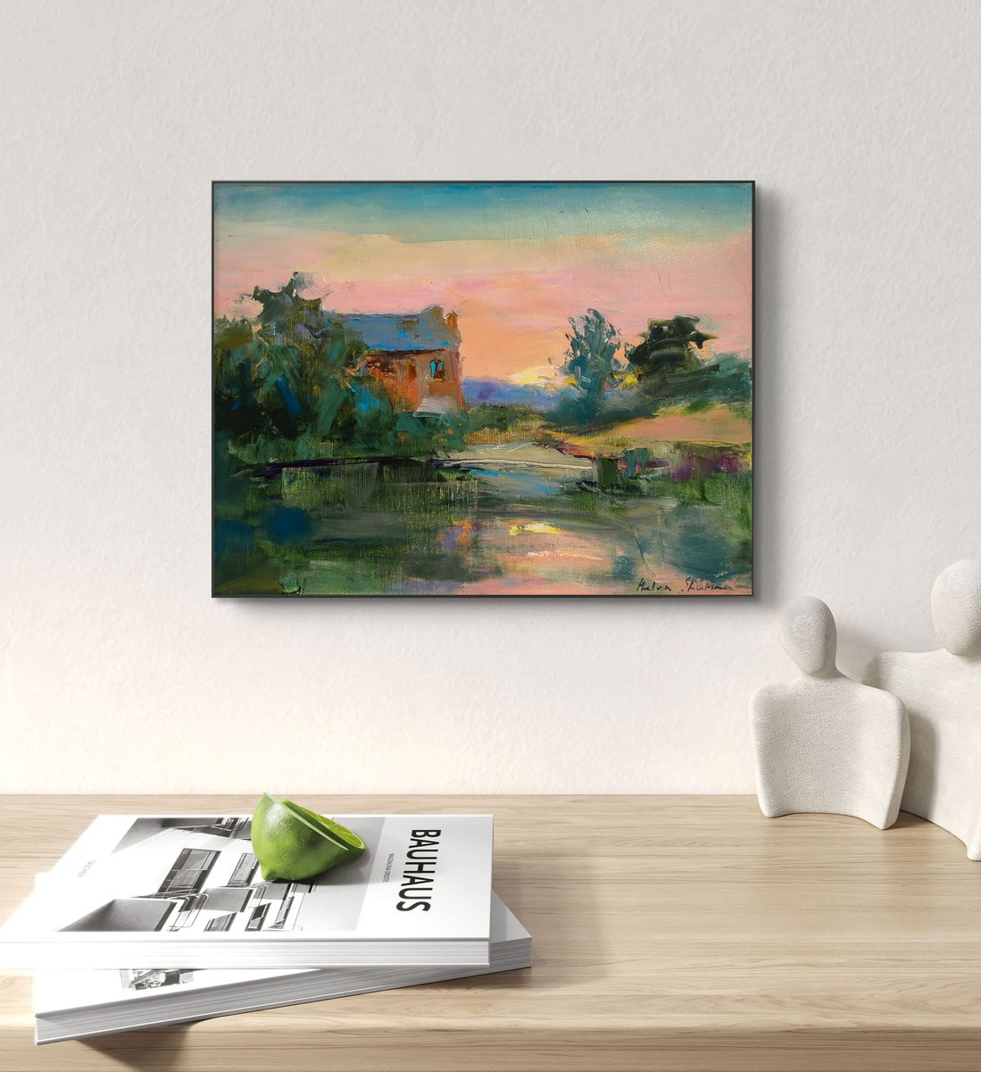 Impressionistic Landscape Oil Painting By Helen Shukina, 16 X 12, Sunrise By The Old Mill, Original Artwork