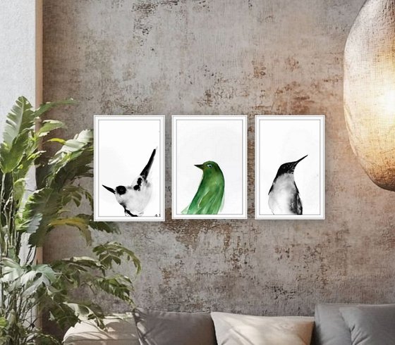 Birds in Watercolor. Set of 3.