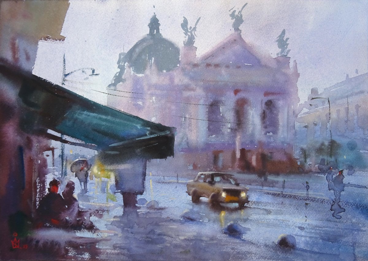 Impressionistic Cityscapes Watercolour By Maksym Kisilov, 16 X 11", "Wet Snow In Lviv", Original Artwork