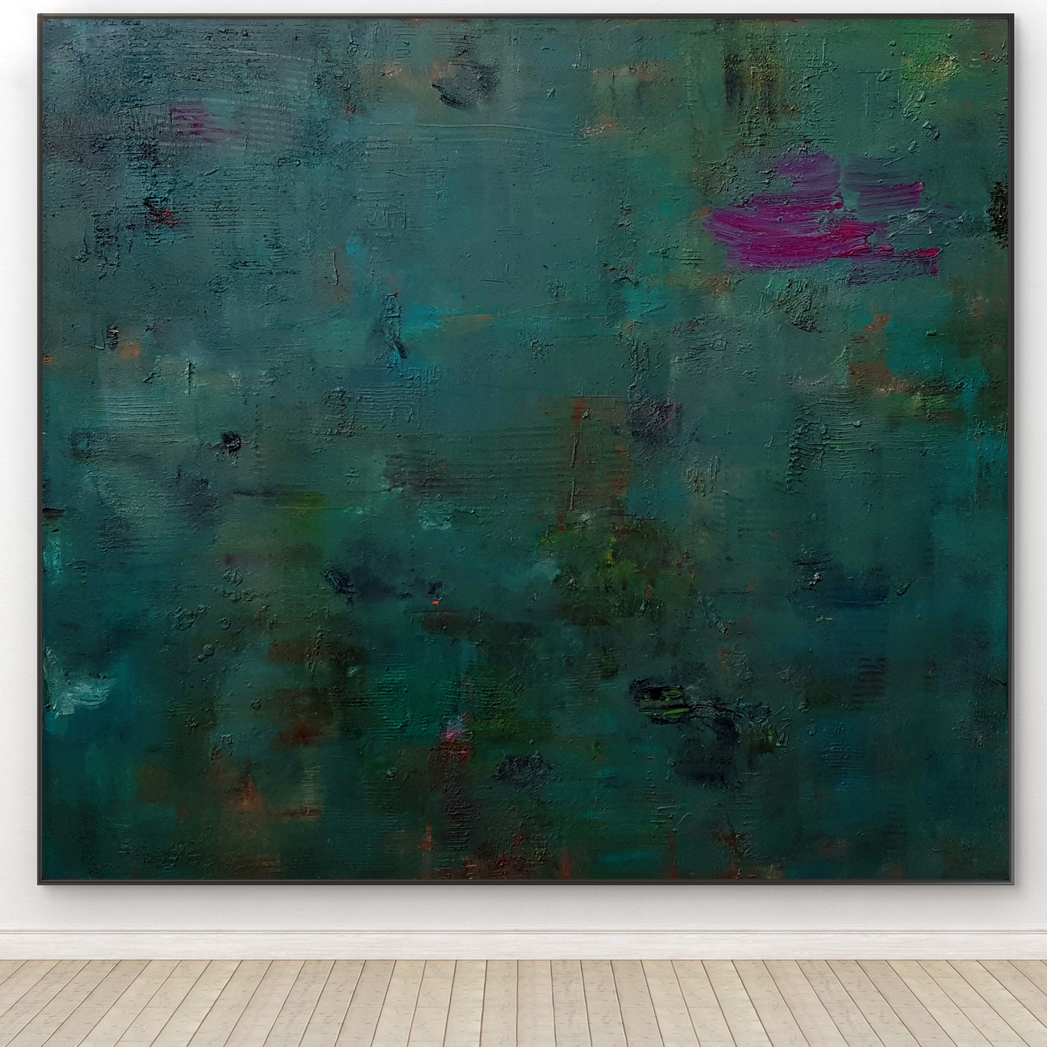 Organic Abstract Oil Painting By Gabriel Prundeanu, 84 X 77, Xxl Green Abstract Painting, Original Artwork