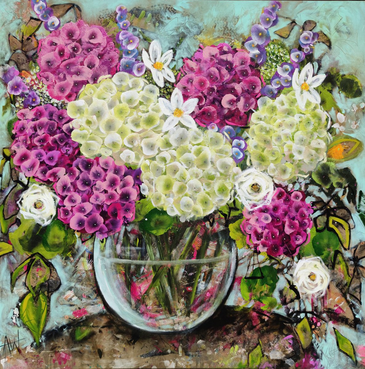 Expressive Oil Painting , Pink And White Hydrangea By Angie Wright, 47 X 47, Artwork For Sale On Artfinder