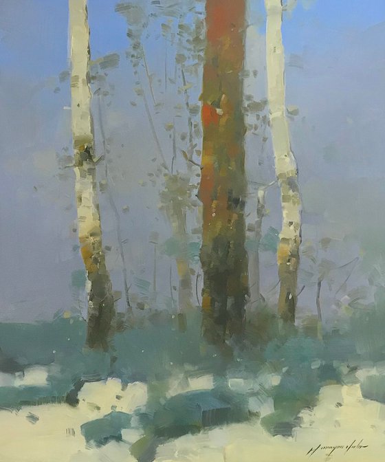 Viridian Birches, Landscape oil painting, Handmade artwork