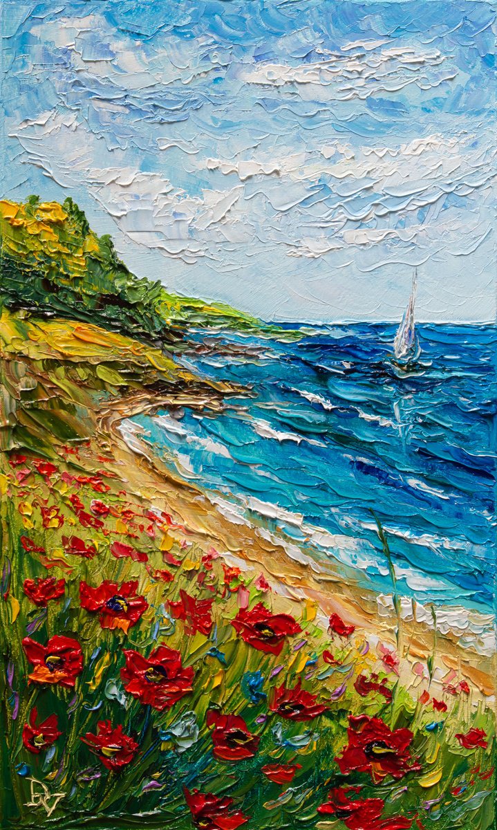 Impressionistic Landscape Oil Painting By Vladyslav Durniev, 12 X 20", Where Poppies Meet The Waves, Original Artwork