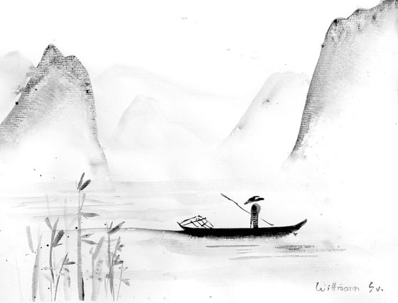 Mountains and fisherman.