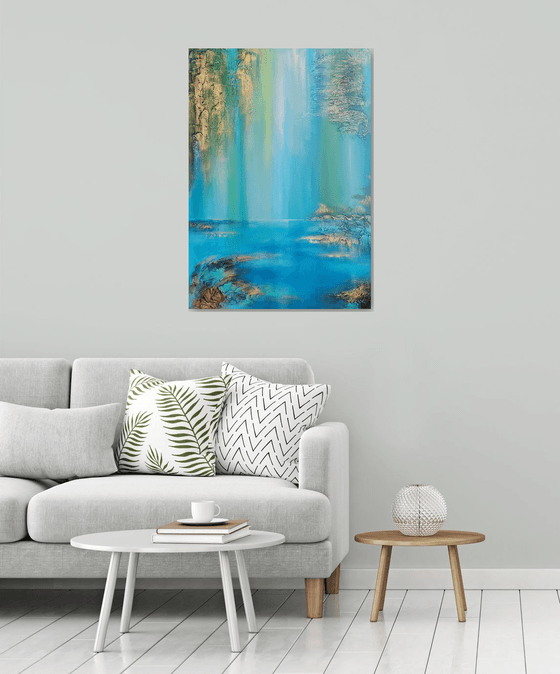 A XL large semi-abstract beautiful structured mixed media painting of a lake "Under the willow"