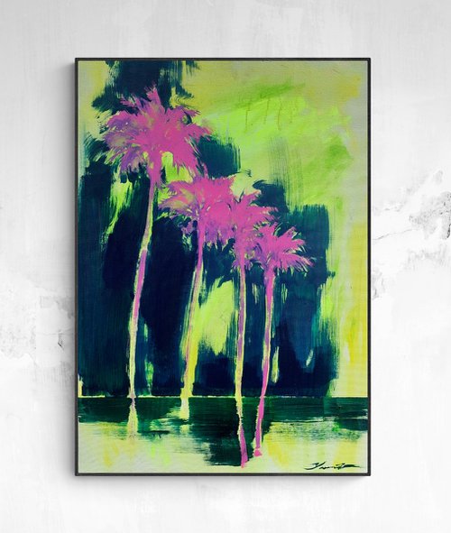 Yellow&Blue artwork - "Pink night" - Pop Art - Florida - California - Palms - Street Art - Expressionism - Sunset by Yaroslav Yasenev