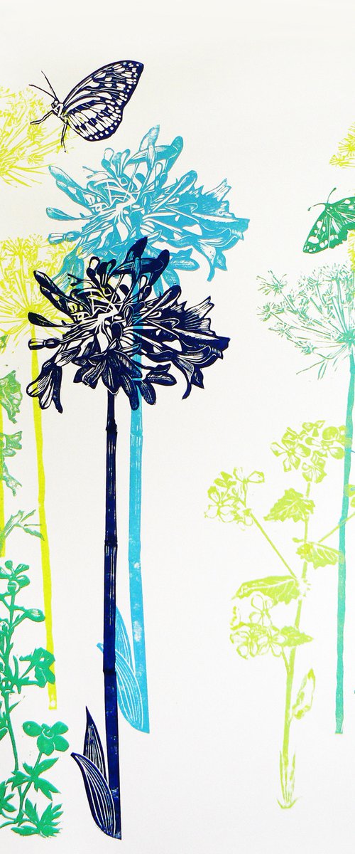 Flora and fauna with greens and blues (#1) on white lady fabriano card by Carolynne Coulson